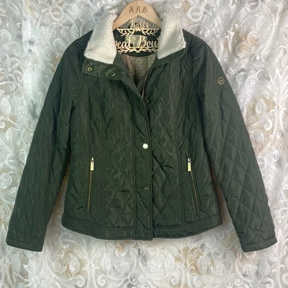 Michael Kors Quilted Jacket Faux Fur Sherpa Collar Olive Green Gold Lightweight - Picture 1 of 13
